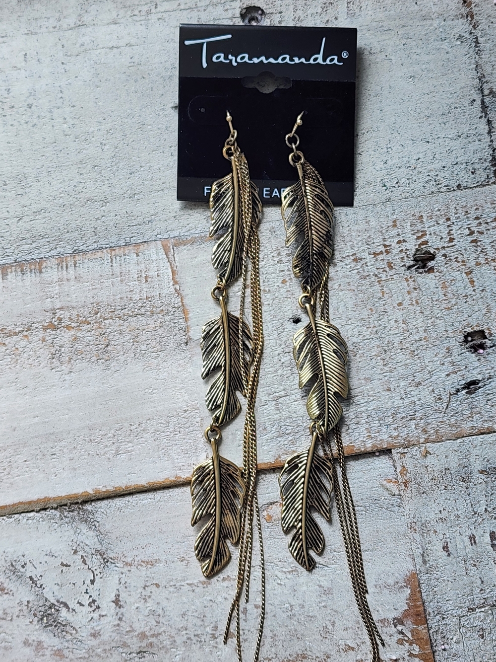 Gold Feather Dangle Earrings - Long Multi-Leaf Design